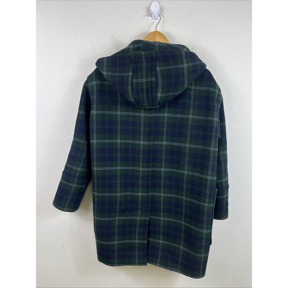 J. Crew Women's Duffle Wool Hooded Toggle Overcoat Green/Blue Plaid Sz 8 Flaws - Picture 10 of 13